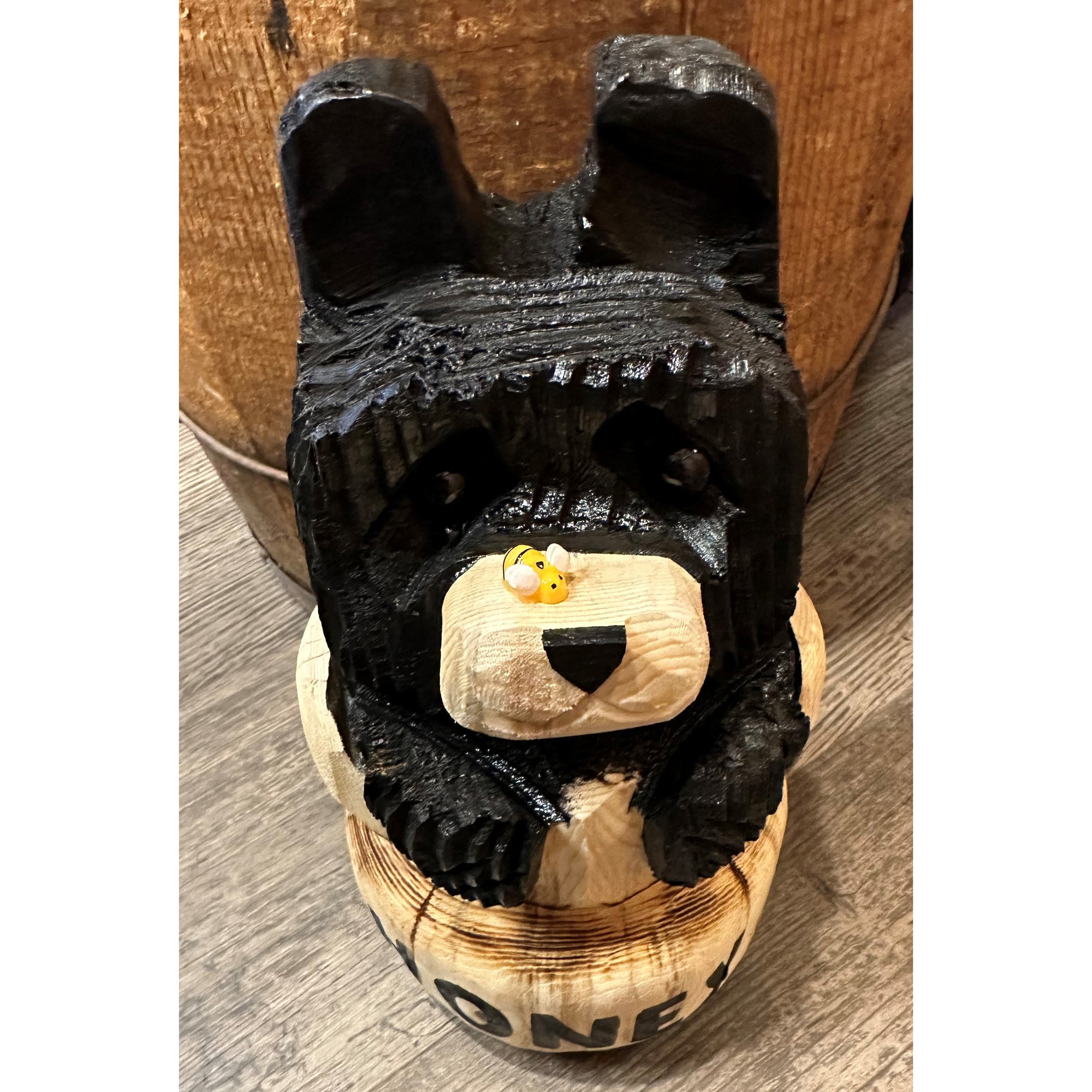 Wood Carved Bear in Honey Pot 10in