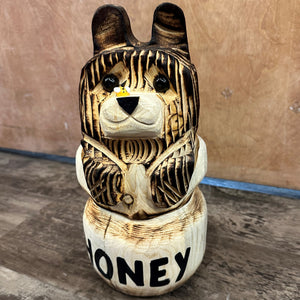 Wood Carved Bear in Honey Pot 10in