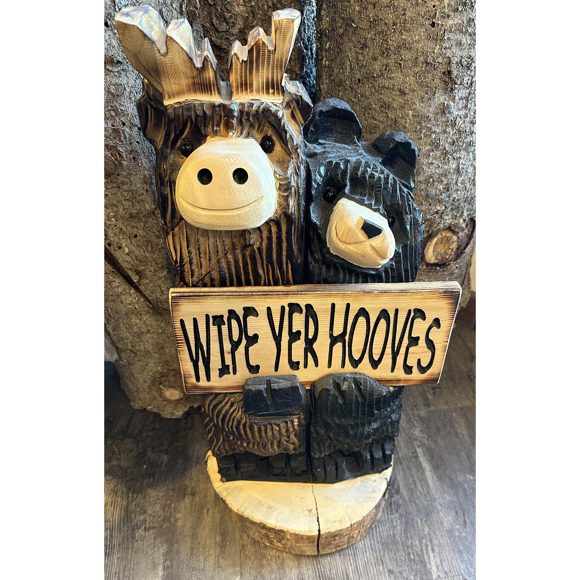 Wood Carved 2' Hugging Bear and Moose