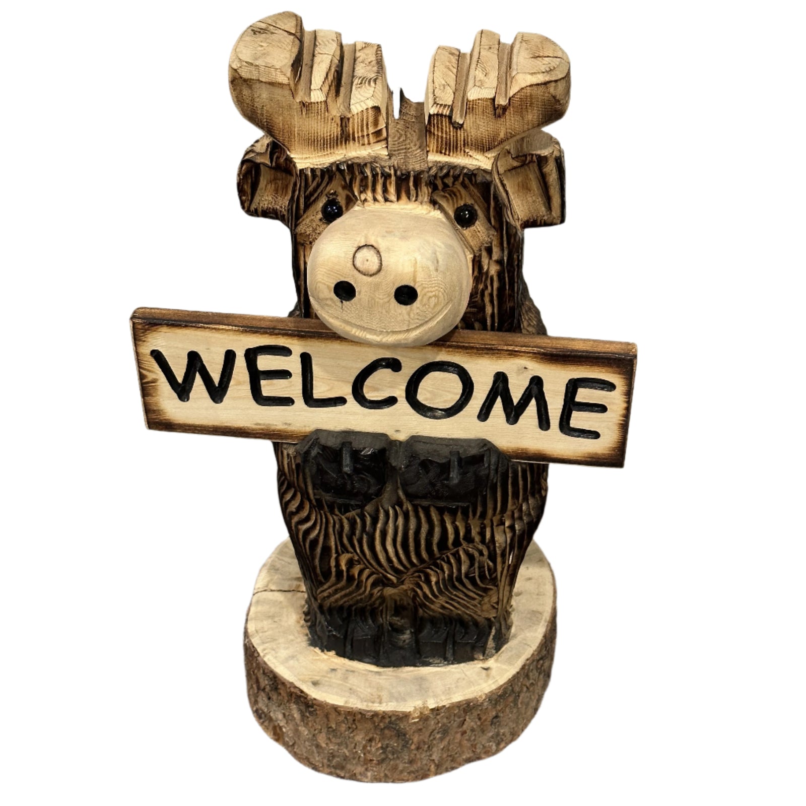 Wood Carved Moose Holding a Sign