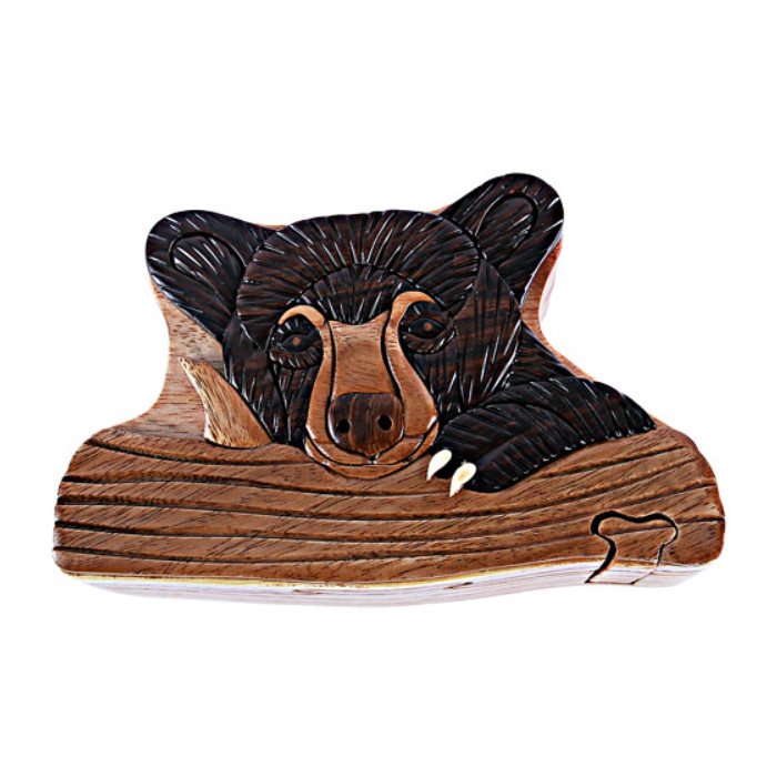 Bear Cub Intarsia Wood Puzzle Box