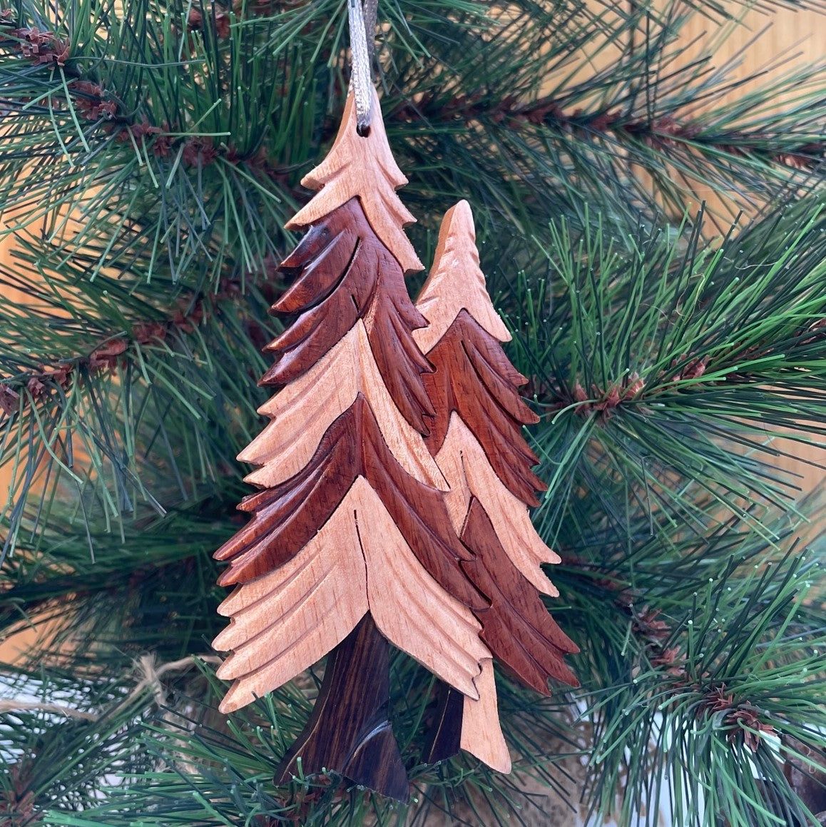 Pine Trees Intarsia Wood Ornament
