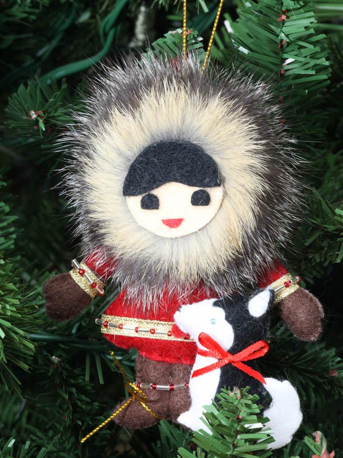 Eskimo Boy and Dog Felt Ornament with Fur